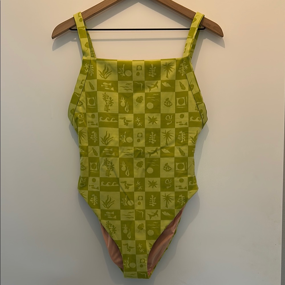 Madewell Green One Piece Swimsuit with Checkered Pattern